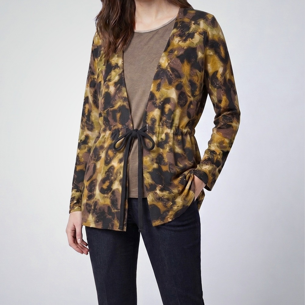 Womens XL Cardigan Tie Front Mustard Black Animal‎ Print Soft Eclectic Artsy